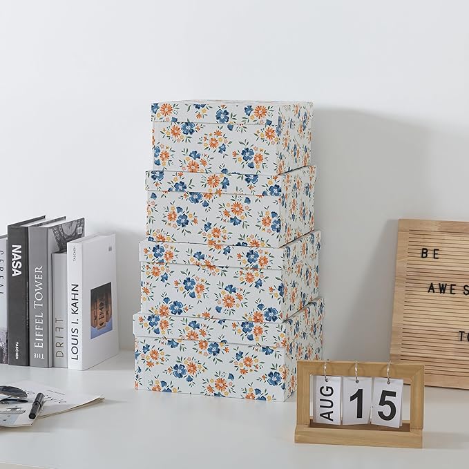 Soul & Lane Decorative Square Boxes with Lids - Set of 4 - Harvest Bloom, Floral Cardboard Memory and Keepsake Boxes, Photo Storage for Organizing and Home Décor