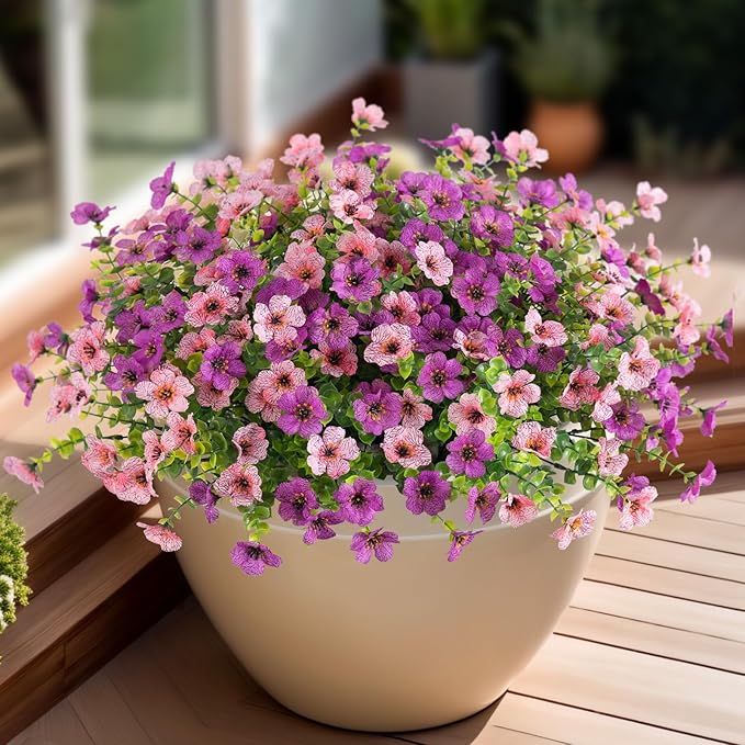 Artificial Fake Plants Flowers for Outdoor Fall Decor, 12 Bundles Faux Silk Mums for Planter Pot Colorful UV Resistant Look Real for Front Door Porch Patio Outside Yard(Purple Pink)