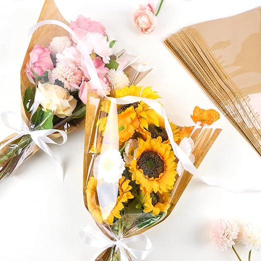 CLUEWR 50 PCS Flower Bags for Bouquets, Floral Wrapping Sleeves with Ribbons Florist Wrap Supplies, 15.7 x 13.7 Inches