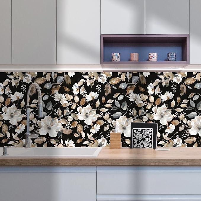 Vintage Dark Black Floral Peel and Stick Wallpaper Modern Botanical Flower Waterproof Removable Self Adhesive Vinyl Contact Wall Paper for Farmhouse Bathroom 17.7" X 354" Roll