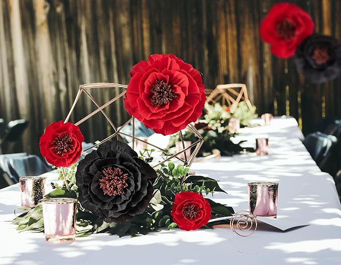 Artificial Paper Flower Decorations for Wall Backdrop Wedding, Giant Paper Flowers, Handcrafted Flowers for Birthday Baby Shower Bridal Shower Nursery Decor(Black & Red Set 7)