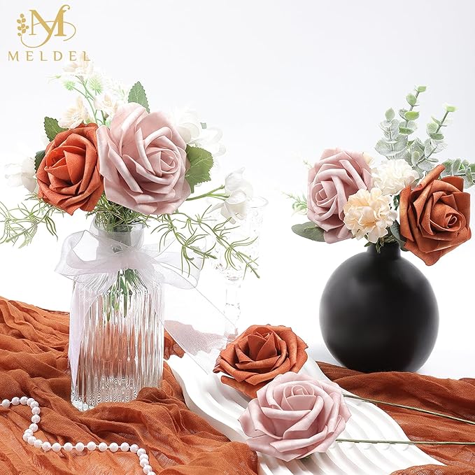 Meldel Artificial Flowers 25pcs Real Looking Burnt Orange Warm Taupe Foam Fake Roses with Stems for DIY Wedding Bouquets Bridal Shower Centerpieces Floral Arrangements Home Decorations Bulk Crafts