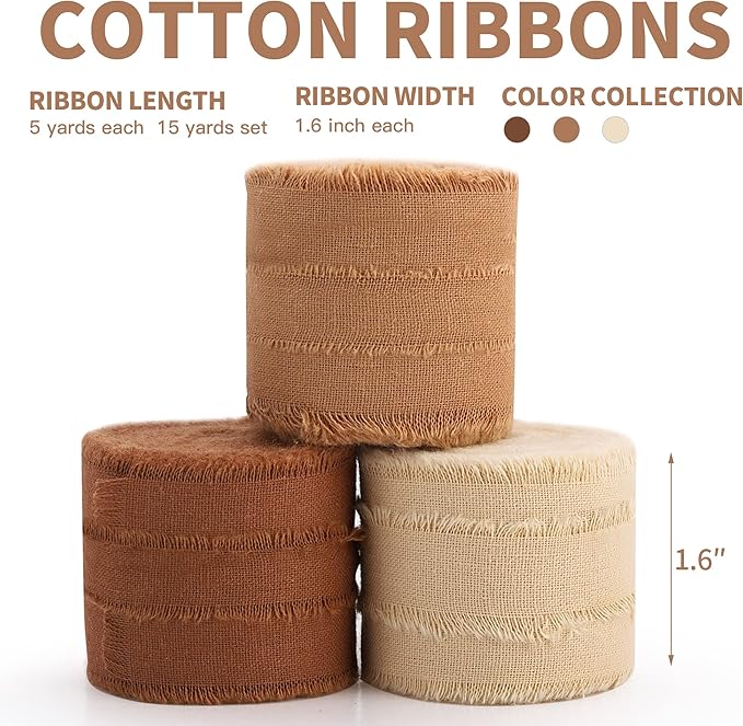 Fall Ribbon Brown 1-1/2 x 15 Yards Handmade Cotton Frayed Fringe Fabric Ribbons for Crafts Flower Bouquets Wedding Baby Shower Home DIY Decor