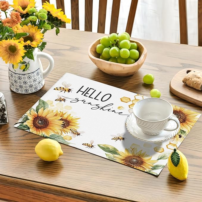 Farmhouse Sunflower Placemats Set of 6, Hello Sunshine Place Mats, Rustic Bee Dining Table Mats, Washable Placemats for Kitchen Dining Room Home Decor 18L'' × 12W''