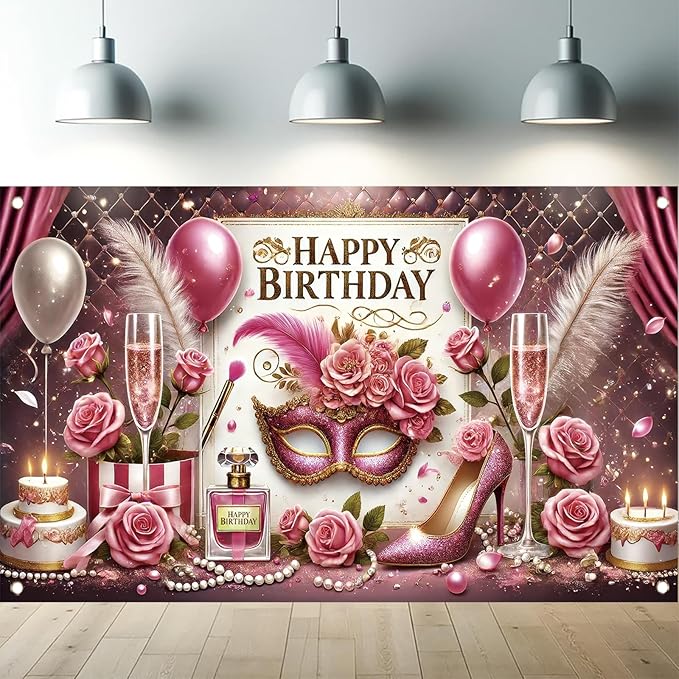 High Heel Birthday Party Backdrop, Glamorous Pink Gold High Heel Shoe Glitters, Polyester Fabric, Ideal for Women's Birthday Parties
