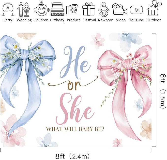 Riyidecor Gender Reveal Backdrop Polyester Fabric Bow Watercolor Floral What Will Baby Be 8Wx6H Feet Pink Blue He or She Baby Shower Floral Leaves Photography Background Newborn Photo Studio Shoot