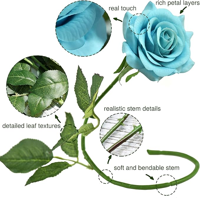 FiveSeasonStuff Silk Roses Artificial Flowers for Decoration, Home Decor Centerpiece for Tables, Wedding Bridal Bouquet of Flowers Real Touch Roses 12 Stems (Turquoise)