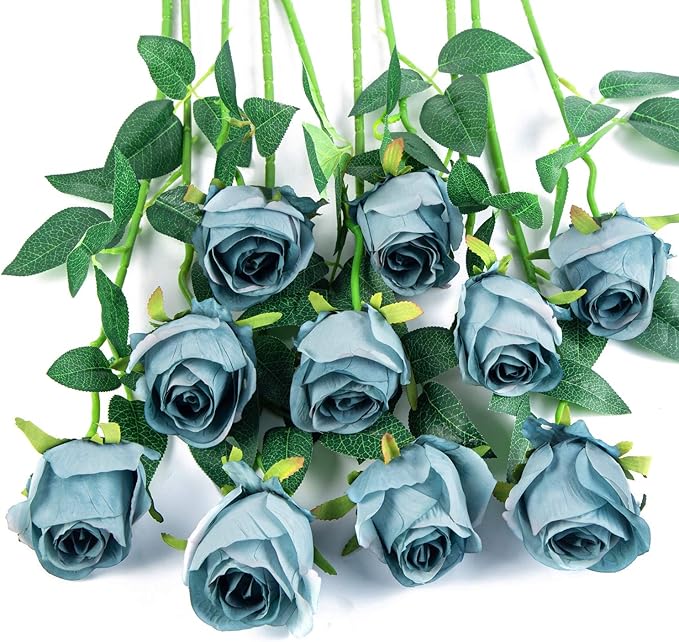 Flojery 10pcs Artificial Rose Flowers Long Stem Fake Silk Roses for DIY Wedding Bouquet Table Centerpiece Home Decor (Blue)