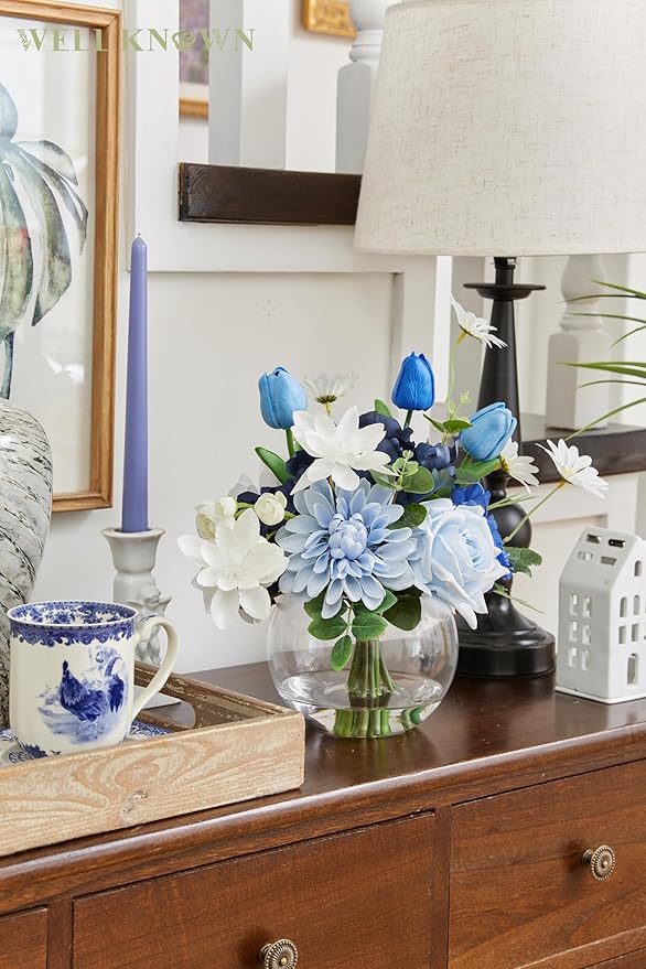 WELL KNOWN Artificial Flowers with Vase Silk Flower Arrangements in Round Bowl Vase with Faux Water for Home Table Decoration (Mixed Blue)