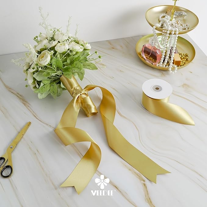 MEEDEE Gold Satin Ribbon 2 Inch Gold Ribbon Lux Double Faced Ribbons by 25 Yards Silk Satin Ribbons for Gift Wrapping, DIY Crafts, Wedding, Flower Bouquet, Holiday Decorating