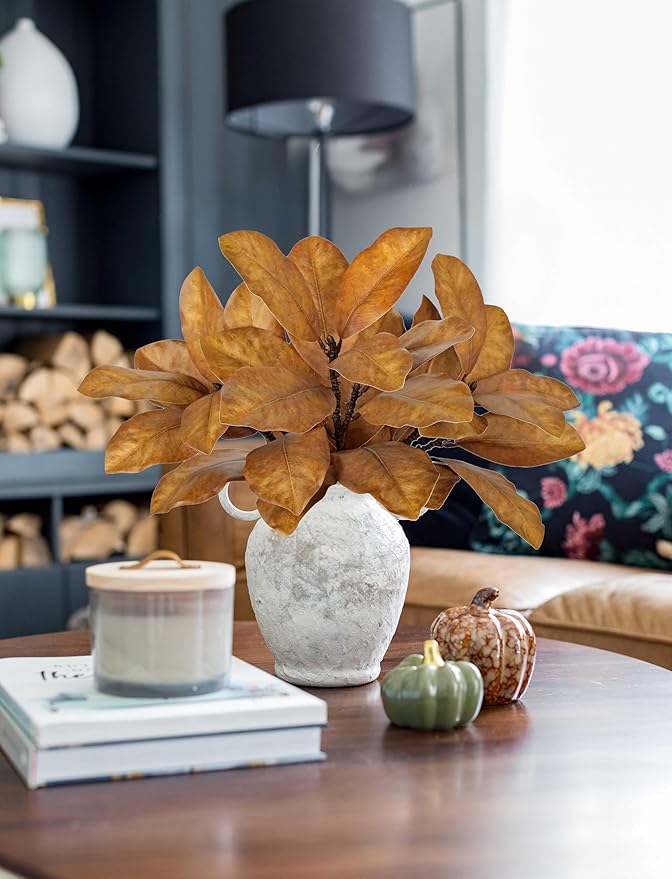 Briful Artificial Magnolia Leaves Stems 3 Pack 22in Yellow Brown Fake Magnolia Branches for Vase Fall Leaves Stems for Home Room Arrangements Centerpieces Thanksgiving Décor (Vase Not Included)