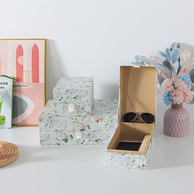 Soul & Lane Pastel Floral Decorative Boxes with Hinged Lids and Muted Ribbon Pull - Pastel Petals, Set of 3 (One Large and Two Medium Boxes), Cardboard Storage for Photos, Documents, Keepsakes