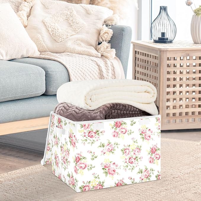 Flower Baskets Collapsible Storage Bins with Lids, Pink Rose Flower Floral Storage Boxes Clothes Baskets for Organizing