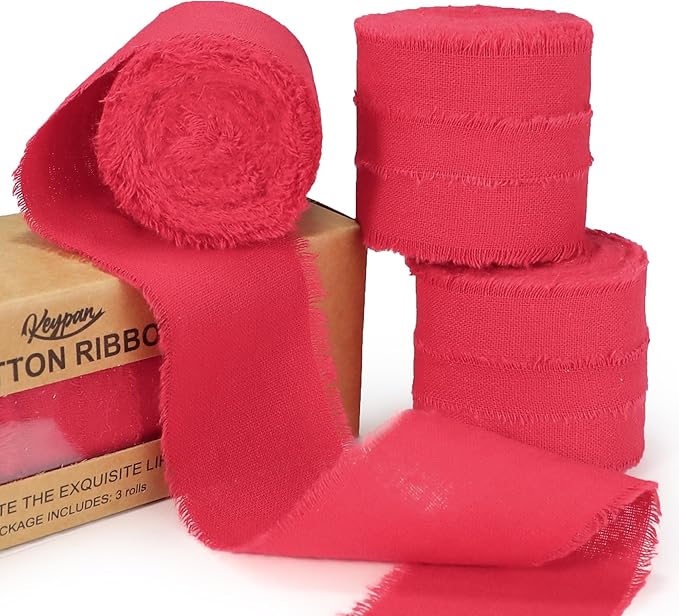Red Christmas Ribbon 1-1/2 x 15 Yards Handmade Cotton Frayed Fringe Fabric Ribbons for Crafts Flower Bouquets Wedding Baby Shower Home DIY Decor