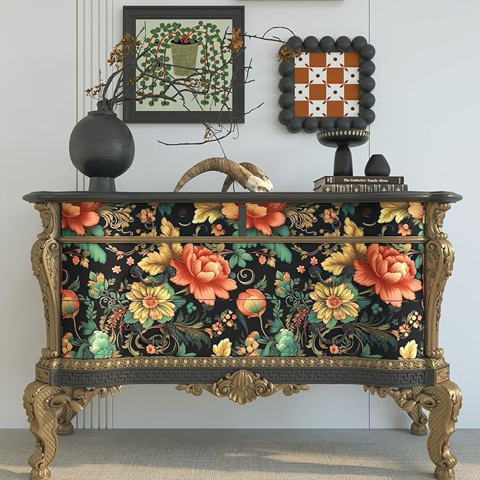 Vibrant Floral Peel and Stick Wallpaper Vintage,Boho Colorful Contact Paper,Peel Stick Cabinet,Wallpaper for Bedroom Bathroom Wall Removable Dark Black 17.5 x 118In