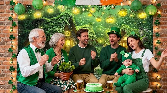12X10ft St. Patrick's Day Backdrop Magic Enchanted Forest Green House Lucky Irish Shamrock Gold Coins Wonderland Photography Background for Kids Girls Party Decoration Cake Table Photo Booth Props