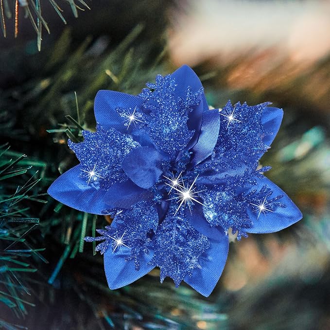 Geosar 24 Christmas Glitter Artificial Poinsettia Flowers Xmas Poinsettia Artificial Wedding Flowers Decorations Xmas Tree Ornaments with Clips for Party Favors, 6 Inch, 4 Inch, 3 Inch (Royal Blue)