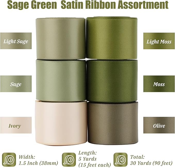 Sage Green Satin Ribbon - 1.5 Inch Double Face, 6 Rolls, 30 Yards - Perfect for Weddings, Crafts, Gift Wrapping & Hair Bows