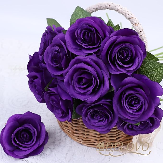 52pcs Purple Roses Artificial Flowers Fake Flowers Silk Roses with Stems for DIY Wedding Bouquets Bridal Shower Centerpieces Arrangements Party Decorations