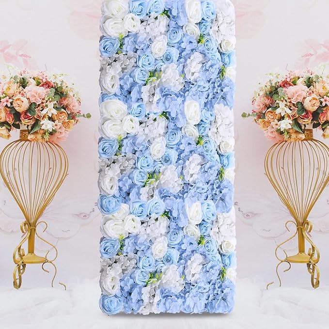 4Pcs Artificial Flower Wall Panel,3D 16" X 24" Silk Rose Mat Artificial Flower Wall,Rectangle Decorative Backdrop Flower Panels Wall for Bridal,Patio,Garden,Yard Decor (Blue, White)