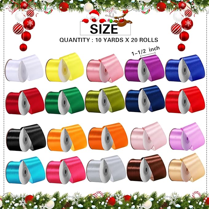 Unittype 20 Colors Rainbow Satin Ribbon 1-1/2 Inch 200 Yard Solid Fabric Ribbons 20 Rolls Satin Ribbons for Gift Wrapping Bows Crafts DIY Flower Bouquet Wedding Decor Christmas