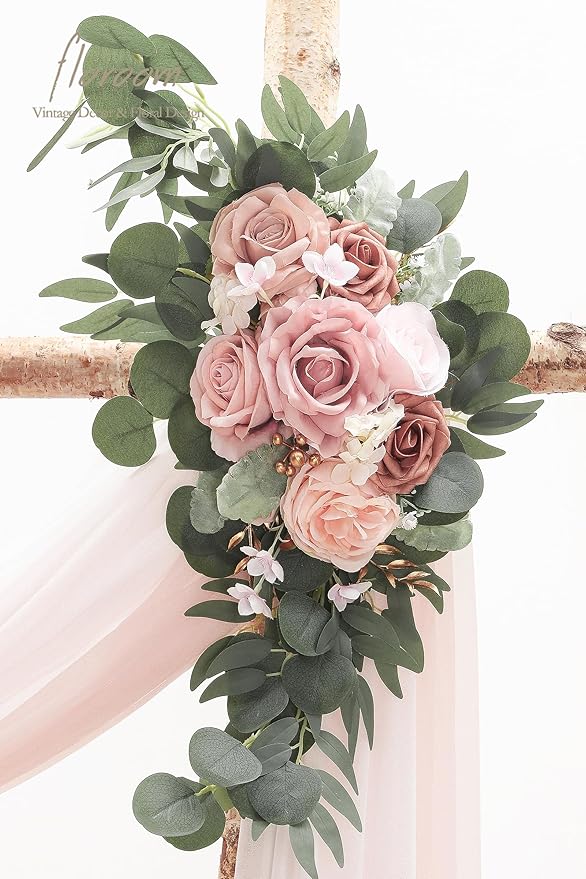Floroom Arch Flowers with Drapes Kit (Pack of 4) - 2pcs Artificial Dusty Rose & Blush Floral Swag Arrangement with 2pcs Draping Fabric for Wedding Ceremony Arbor and Reception Backdrop Decoration