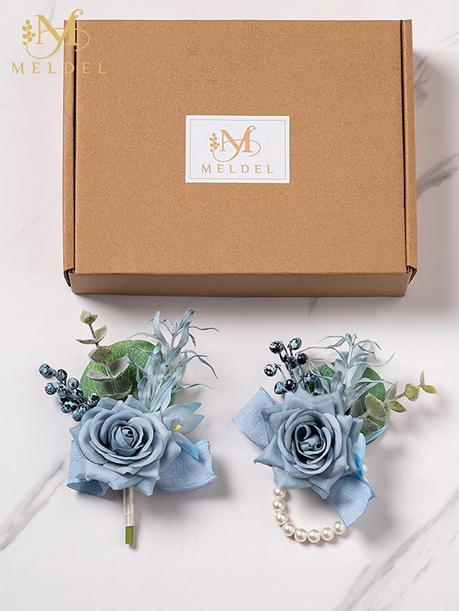 Meldel Dusty Blue Corsage and Boutonniere Set, Rose Boutonniere for Men, Prom Flower Wrist Corsage Bracelets, Homecoming Corsages Wristlet, Men Boutonnieres for Wedding Flowers Accessories Prom Suit