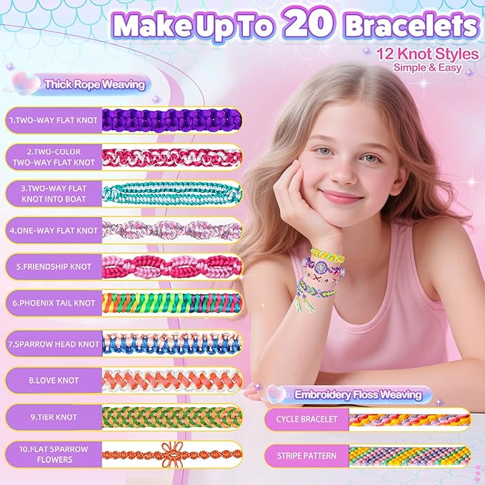 2-in-1 Friendship Bracelet Making Kit, Arts and Crafts for Girls Ages 8-12, Jewelry Making Kit＆DIY Travel Activity Toys Set, Christmas Birthday Gifts for 6 7 8 9 10 11 12 Year Old Teen Girls (Pink)