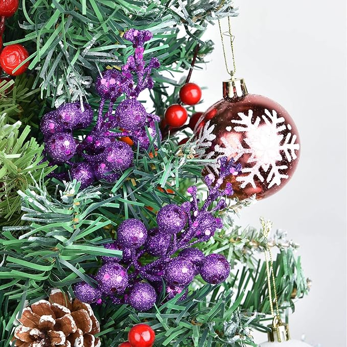 Lvydec 16pcs Christmas Glitter Berry Stems, 7.8" Artificial Christmas Picks for Christmas Tree Ornaments, DIY Xmas Wreath, Crafts, Holiday and Home Decor (Dark Purple)
