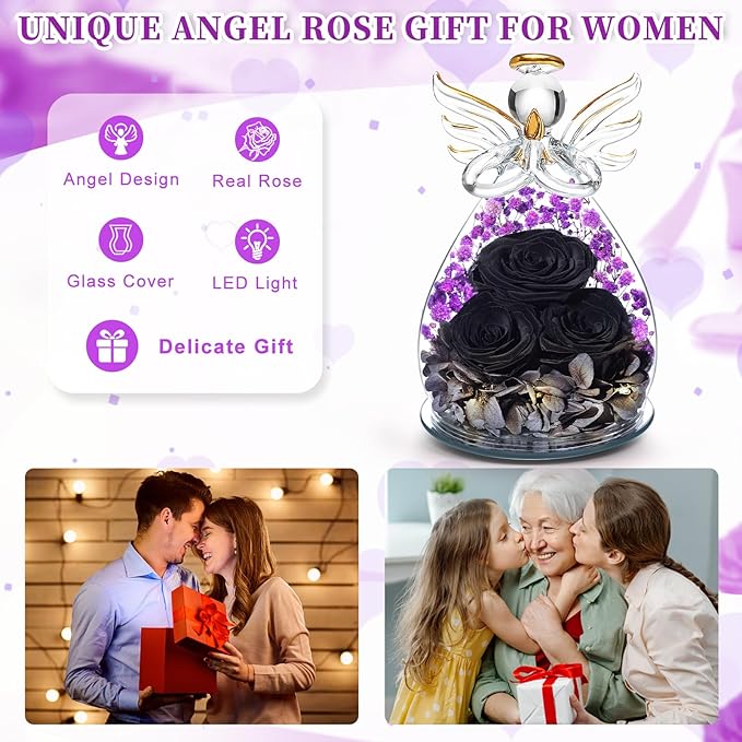 Beferr Christmas Birthday Gifts for Women, Mom Gifts for Christmas Fresh Flowers for Delivery Prime Forever Preserved Rose in Glass Angel, Xmas Gifts for Grandma Wife Sister Her, Black & Purple