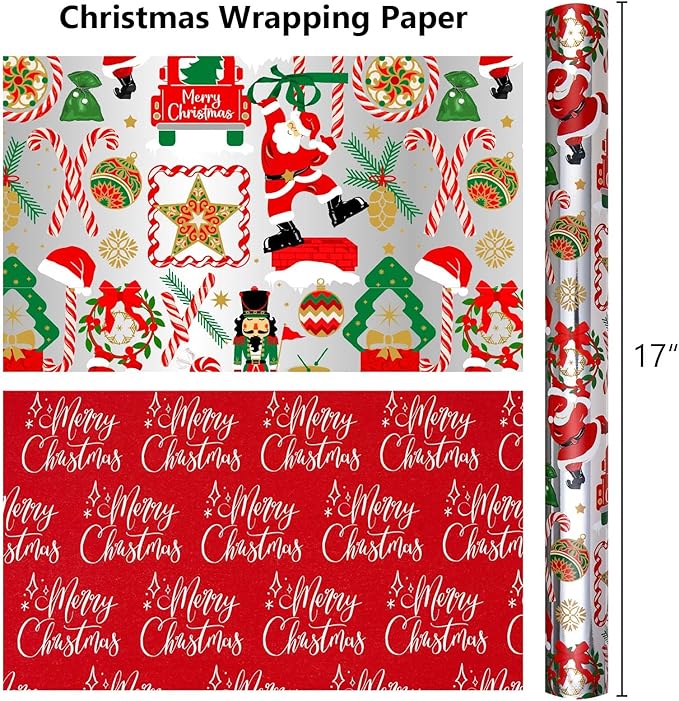 MAYPLUSS Christmas Nutcracker Wrapping Paper - 17 Inch X 33 Feet - Metallic Silver Christmas Tree Santa Claus Candy Cane Reversible Snowflake Gift Wrapping Paper for Holiday Party New Year Kids