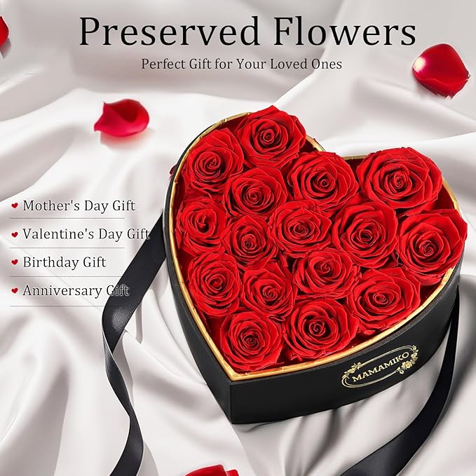 16 Preserved Roses in Heart Shape Gift Box for Her - Forever Flowers for Delivery, Eternal Rose Mothers Gifts for Mom, Wife Anniversary Birthday Gifts for Women, Red
