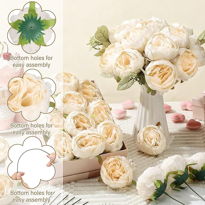 50 Pcs Artificial Peony Flower Bulk 3.5 Inch Silk Peony Flowers Heads with Stems Realistic Fake Roses for DIY Wedding Party Craft Bridal Bouquets Table Centerpieces Vase Home Decor(Cream‌)