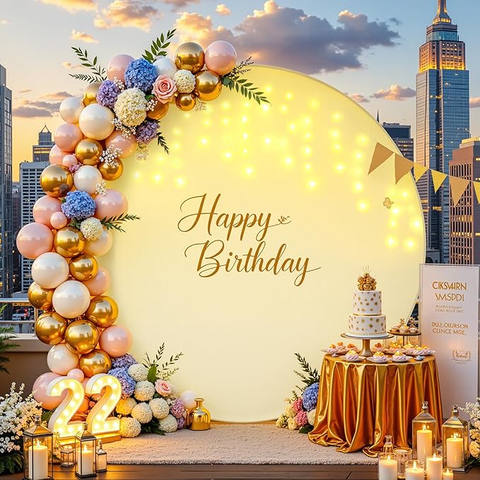 7.2 FT Beige Round Backdrop Cover with Lights String for Circle Arch Stand Circle Backdrop Covers with LED Fairy Lights for Wedding Arch Bridal Baby Shower Birthday Party Photo Photography Background