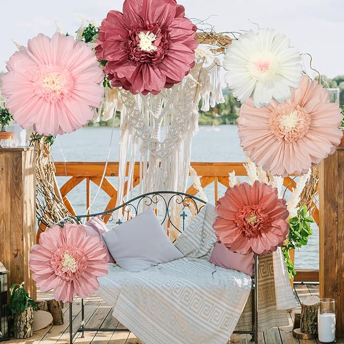 Giegxin 6 Pcs 31.5 " 24 " Pink Giant Paper Flowers Decorations for Wall Extra Large Pink Floral Tissue Paper Flower Floral Decoration for Mexican Fiesta Wall Wedding Bridal Shower Birthday Decor