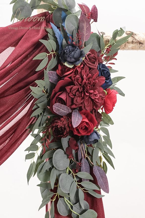 Floroom Arch Flowers with Drapes Kit (Pack of 4) - 2pcs Artificial Burgundy & Navy Blue Floral Swag Arrangement with 2pcs Draping Fabric for Wedding Ceremony Arbor and Reception Backdrop Decoration
