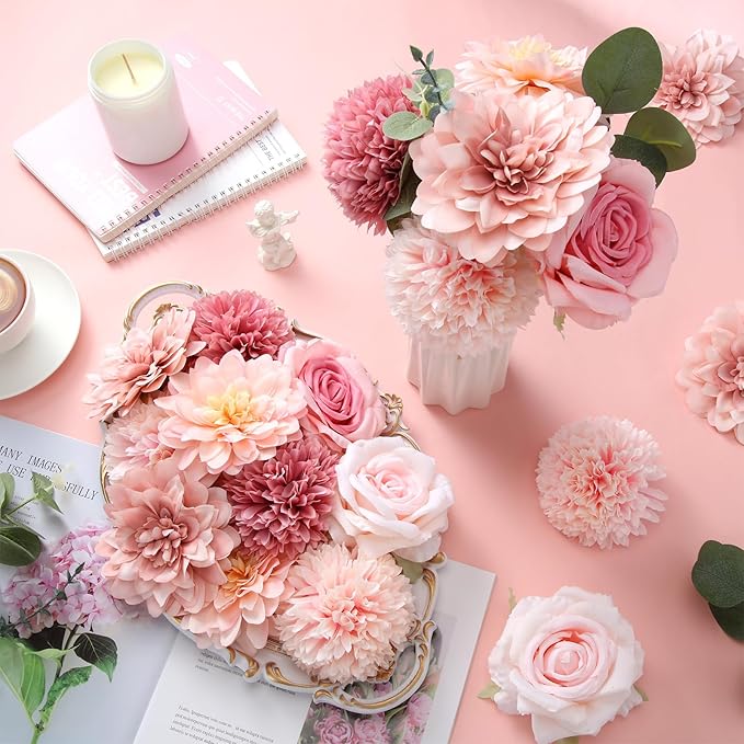98 Pcs Assorted Faux Flowers Heads with Stem Eucalyptus Leaves Silk Artificial Flowers Bouquet Floral Table Centerpieces for DIY Wedding Party Wreath Home Decoration(Pink,Delicate Style)