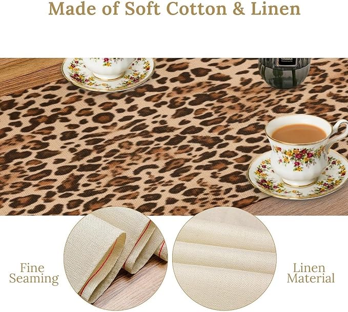 Leopard Skin Print Table Runner, Rustic Cottage Country Farmhouse Wildlife Safari Animal Skin Print Dinner Runner for Home Kitchen Dining Table Party Holiday Decor Brown 13x120in