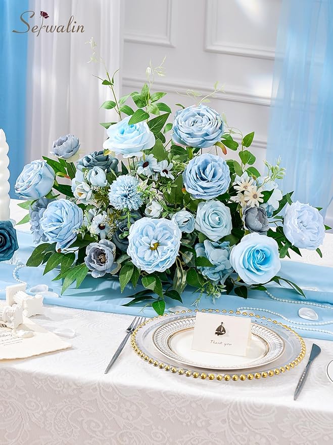Serwalin Artificial Flowers,Blue Silk Fake Flowers Box for DIY Wedding Bridal Bouquet, Wedding Cake Flowers for Table Centerpieces Birthday Party Bridal Shower Home Decorations