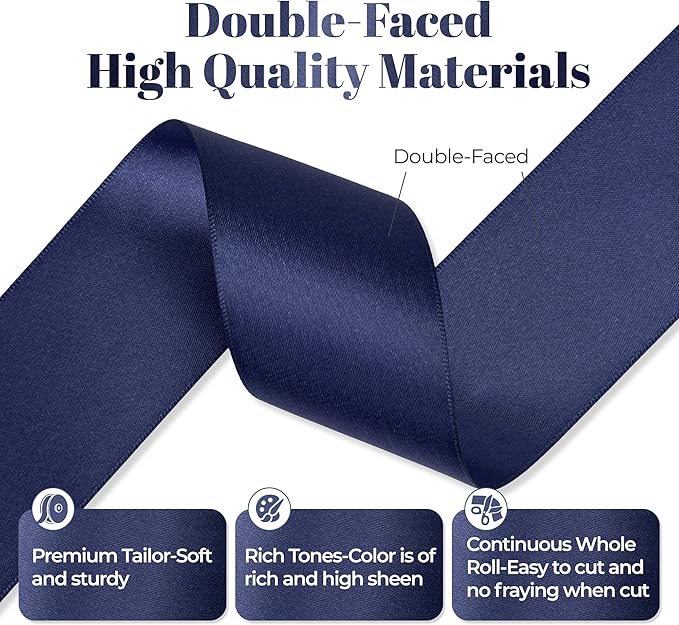 Navy Blue Satin Ribbon, Double Faced 2 Inch X 25 Yards Navy Blue Ribbon, Premium Satin Ribbon for Gift Wrapping, Crafts, Hair Bow Making, Sewing, Flower Bouquet, Wedding Party Decor
