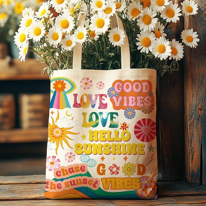 ANATTASOUL Canvas Tote Bag Boho Elements Reusable Cotton Bag for Women, Durable Cloth Shoulder Bags with Zipper Pockets for Shopping, Vacation, Work, Gym