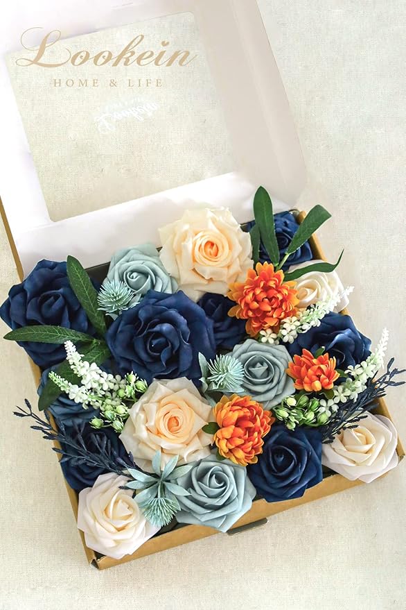 Lookein Artificial Flowers for DIY Wedding Decoration Bridal Bouquet Table Centerpieces Flower Garland Wreaths Aisle Arch Flower Decoration Home Decor, Delicate Navy Blue