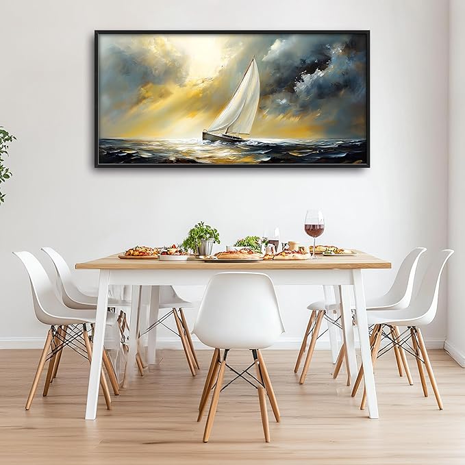 Ocean Sailboat Large Wall Art Framed Wall Decor for Living Room Abstract Boat Pictures Oversized Canvas Print Painting Modern Extra Large Artwork for Bedroom Office Home Decor 60"x30"