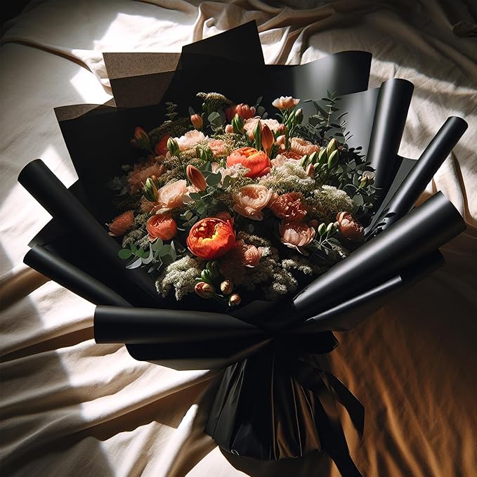 LeZakaa 20 Sheets Flower Wrapping Paper - Waterproof Reversible Floral Bouquet Paper - Black Design for Father's Day, Graduations, Parties, Birthdays, Formal Events