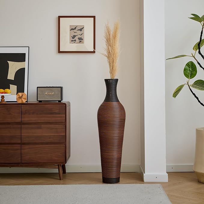 Large Hand-Woven Bamboo Floor Vase, Tall Home Decor Floor Vase for Fake Flower Dried, PVC Decorative Flower Holder for Living Room, Bedroom, Dining Room, Entryway, Hallway
