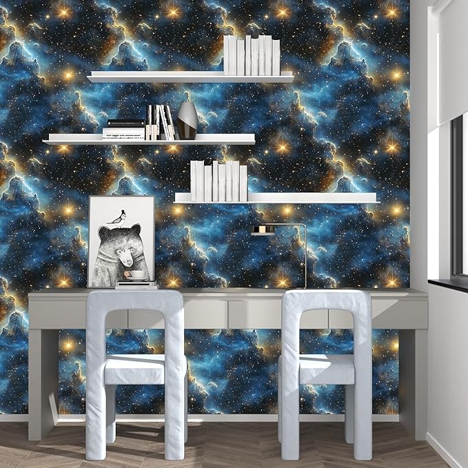 Starry Night Sky Wallpaper Peel and Stick 17.4" x 394" Dark Blue Galaxy Contact Paper Modern Space Wallpaper for Bedroom Cabinet Bathroom Home Decor