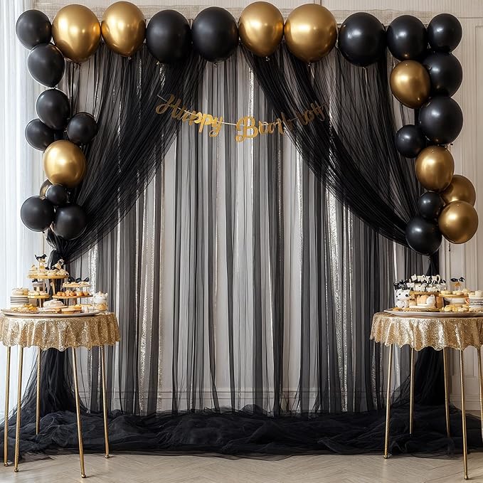Black Backdrop Curtain Sheer Tulle Backdrop Curtain for Birthday Party Baby Shower Wedding Black Drapes for Backdrop for Photo Booth Photography Background Decorations 2 Panels 5ft X 10 ft
