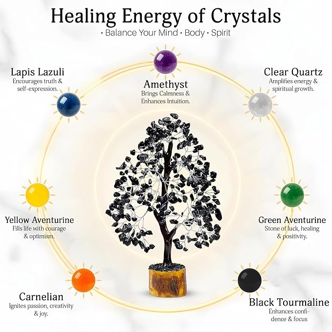 FASHIONZAADI Black Tourmaline Gemstone Tree - Crystal Tree of Life - Crystals and Stones Home Office Decor - Good Luck Gifts for Women