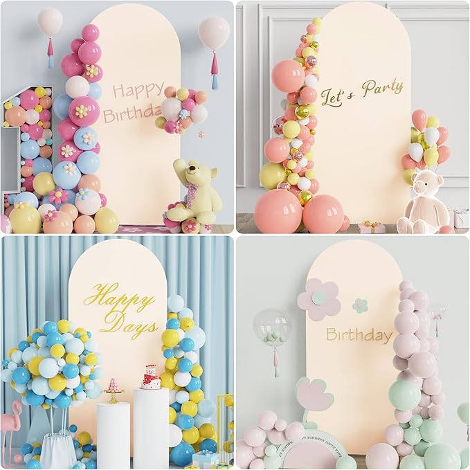 Putros 6ft Metal Arch Stand with Cover Beige Spandex Fitted Wedding Arch Cover and Round Top Chiara Backdrop Stand Set for Birthday Party Baby Shower Decoration