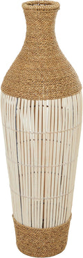 Deco 79 Seagrass Handmade Decorative Vase Wrapped Tall Floor Centerpiece Vase with Cream Slatted Bamboo Center, Vase for Home Decoration 13" x 13" x 40", Brown